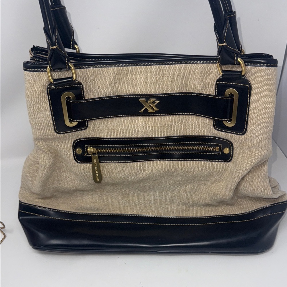MAXX NEW YORK Beige Canvas & Black trim Purse Handbag Tote Double handle read
